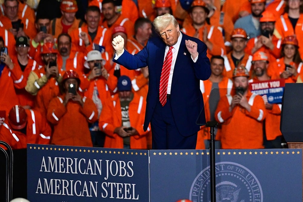 President Donald Trump dances after speaking at the U.S. Steel Mon Valley Works-Irvin plant, Friday, May 30, 2025, in West Mifflin, Pa (AP)