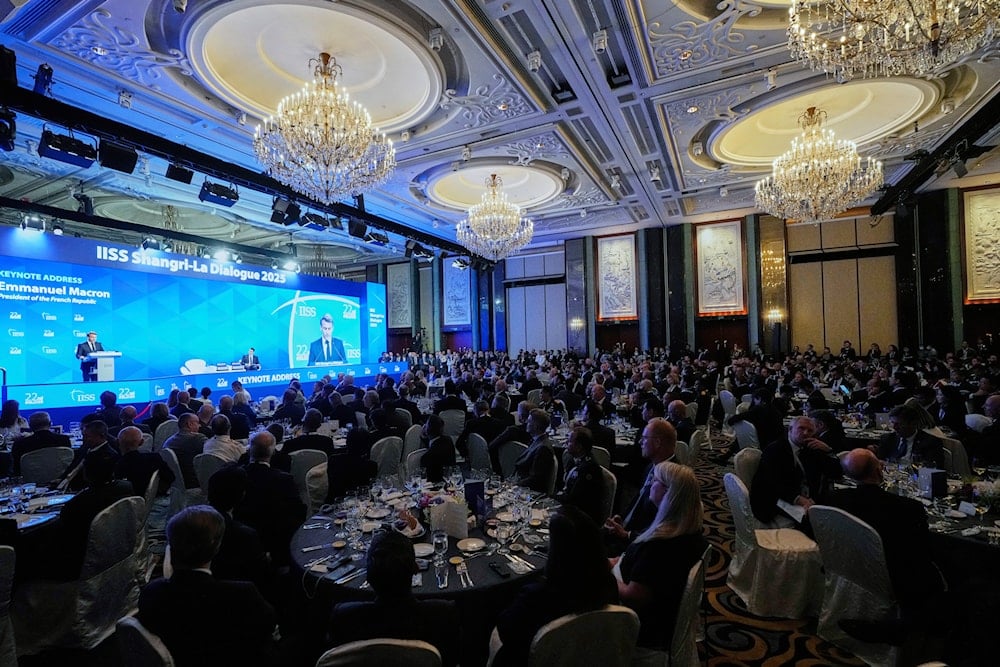 French President Emmanuel Macron delivers his speech during the 22nd Shangri-La Dialogue summit in Singapore, Friday, May 30, 2025. (AP)