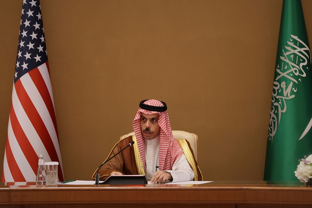 Saudi Foreign Minister Prince Faisal bin Farhan talks during a press conference at the end of the GCC-US summit in Riyadh, Saudi Arabia, Wednesday, May 14, 2025. (AP)