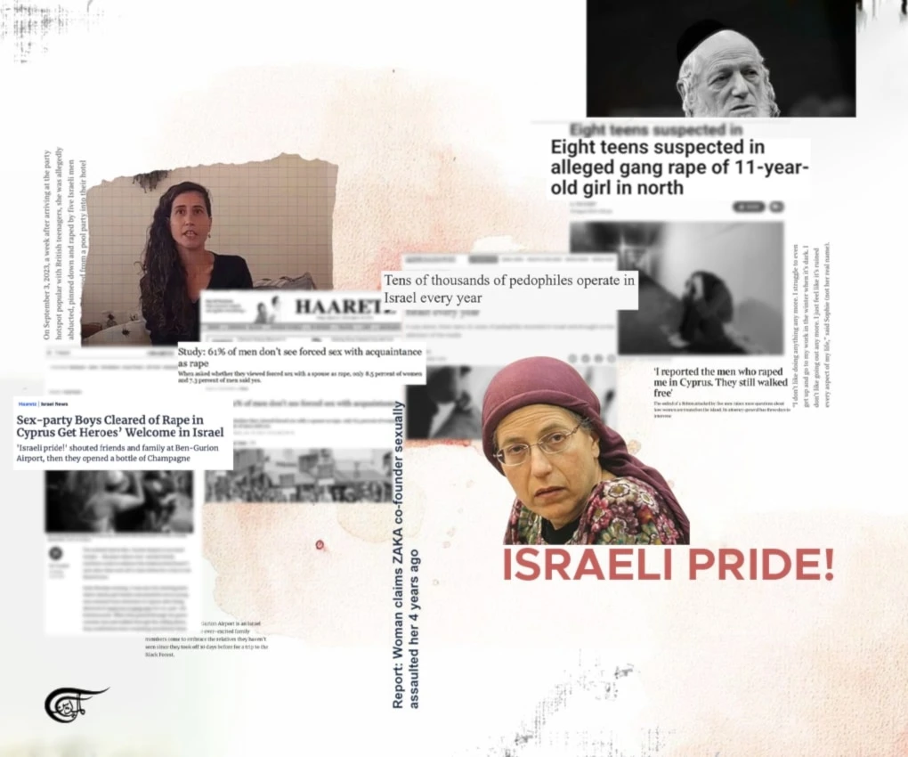 "Israel" appears to be the only place in the world where there are actual demonstrations defending rapists as national heroes precisely because of their crimes. (Al Mayadeen English; Illustrated by Batoul Chamas)