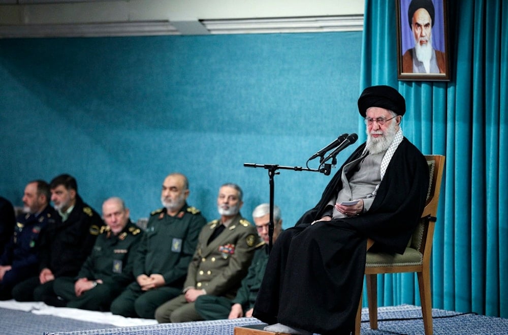 In this photo released by an official website of the office of the Iranian leader, Iranian Leader Ayatollah Sayyed Ali Khamenei speaks in a ceremony meeting a group of officials, in Tehran, Iran, March 8, 2025 (AP)