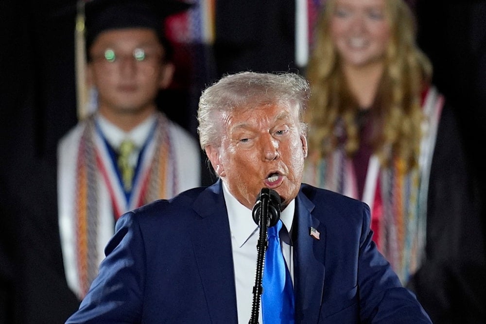 President Donald Trump gives a commencement address at the University of Alabama, Thursday, May 1, 2025, in Tuscaloosa, Ala. (AP Photo/Mike Stewart)