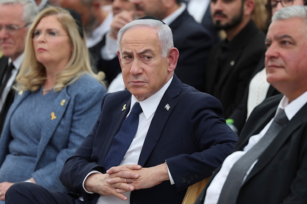 Israeli Prime Minister Benjamin Netanyahu attends the Yom HaZikaron annual ceremony at the Yad LaBanim Memorial in occupied Palestine, on Tuesday, April 29, 2025 (AP)