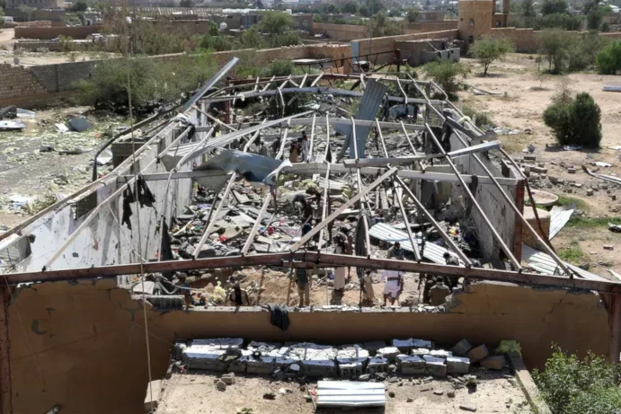 Yemenis inspect the rubble of a building hit by US strikes in the northern province of Saada on April 29, 2025. (AFP/Getty Images)