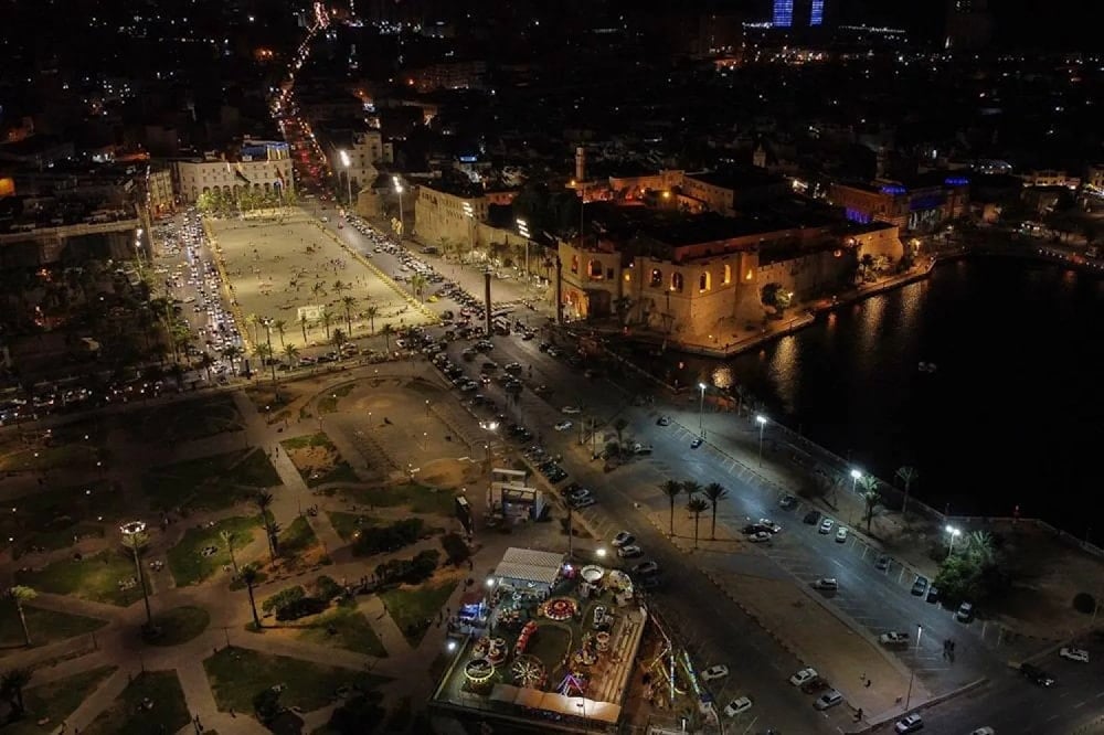 An aerial view shows cars driving past Martyrs' Square in Tripoli on September 2, 2023. (AFP)