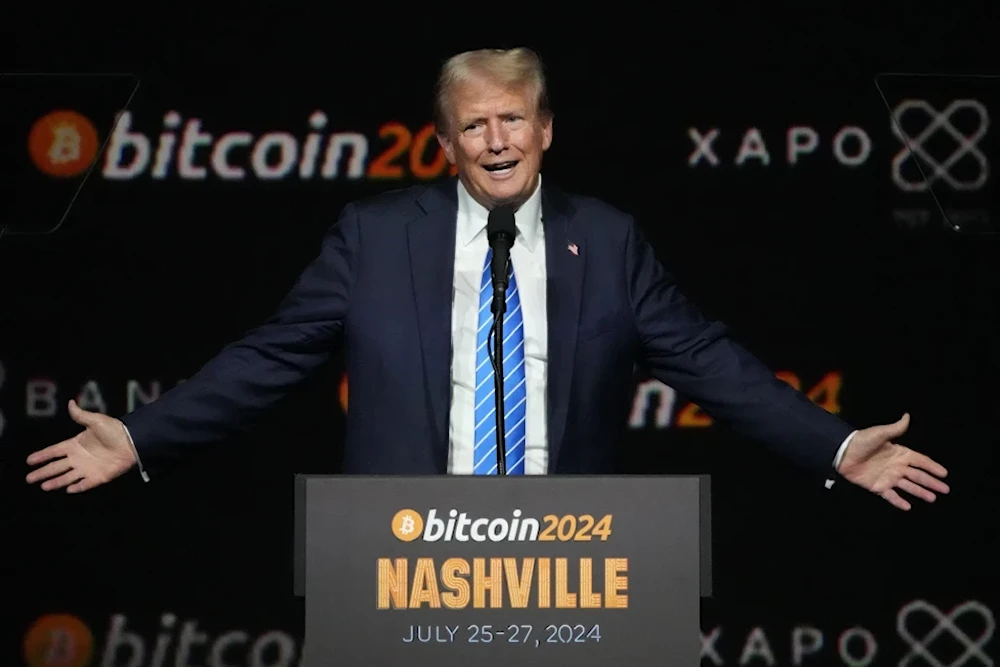 US President Donald Trump speaks at the Bitcoin 2024 Conference, July 27, 2024, in Nashville, Tenn. (AP/Mark Humphrey)