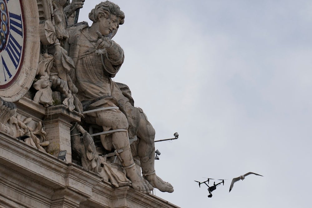 A drone used for TV broadcast is attacked by a seagull above St. Peter's Square where 133 cardinals are gathering on the second day of the conclave to elect successor of late Pope Francis, at the Vatican, Thursday, May 8, 2025 (AP)