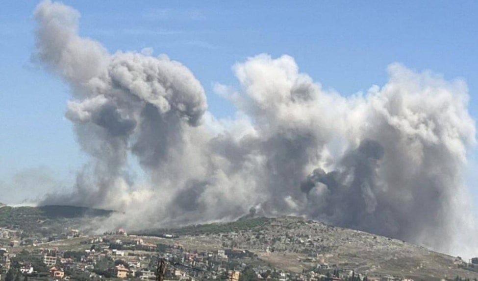 Smoke rises from the site of the strikes by Israeli Air Force on Nabatieh, Lebanon, May 8 2025 (social media)