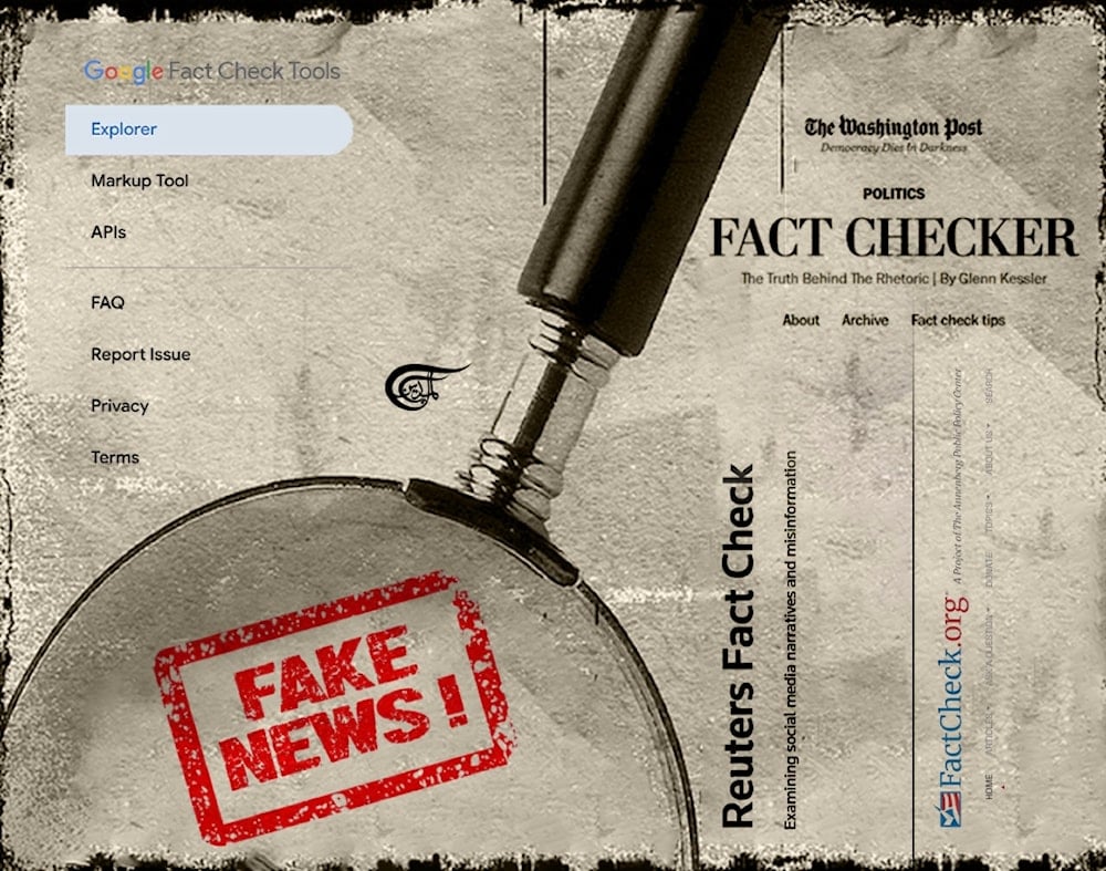 The new wave of ‘fact checkers’ and AI machines are mostly extensions of existing media monopolies, which aim to reinforce key messages of the Western hegemonic cartel. (Al Mayadeen English; Illustrated by Batoul Chamas)