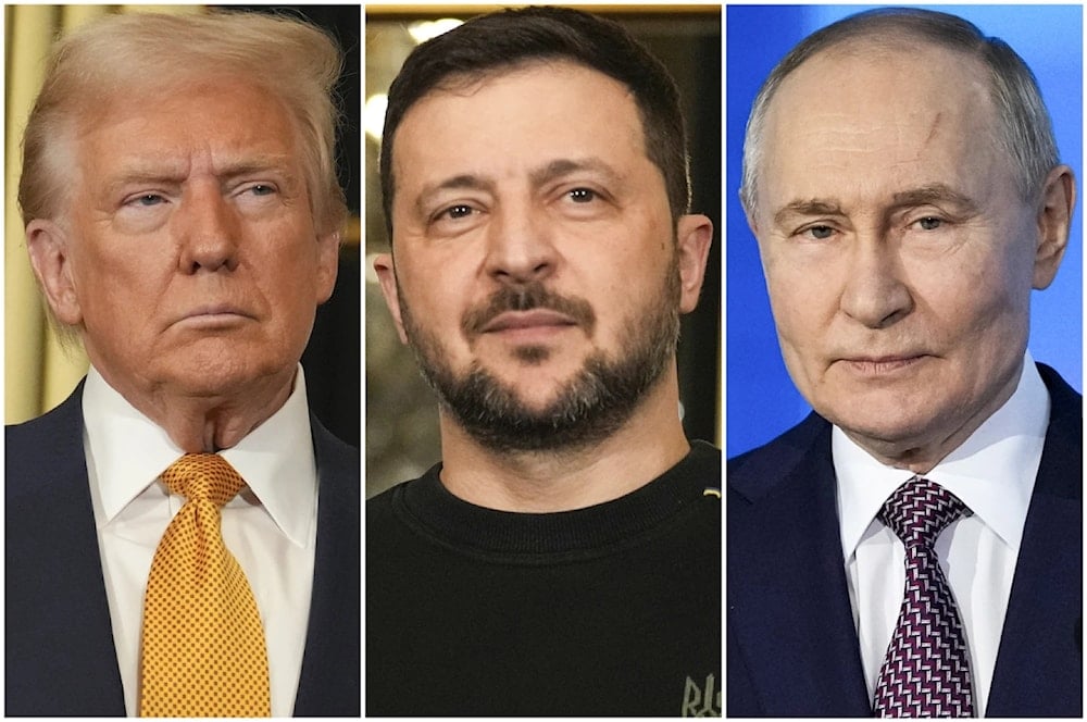 US President Donald Trump, left, and Ukraine's President Volodymyr Zelensky, center at the Elysee Palace, December 7, 2024 in Paris, and Russian President Vladimir Putin, right, at the Technology Forum in Moscow, Russia, February 21, 2025 (AP)