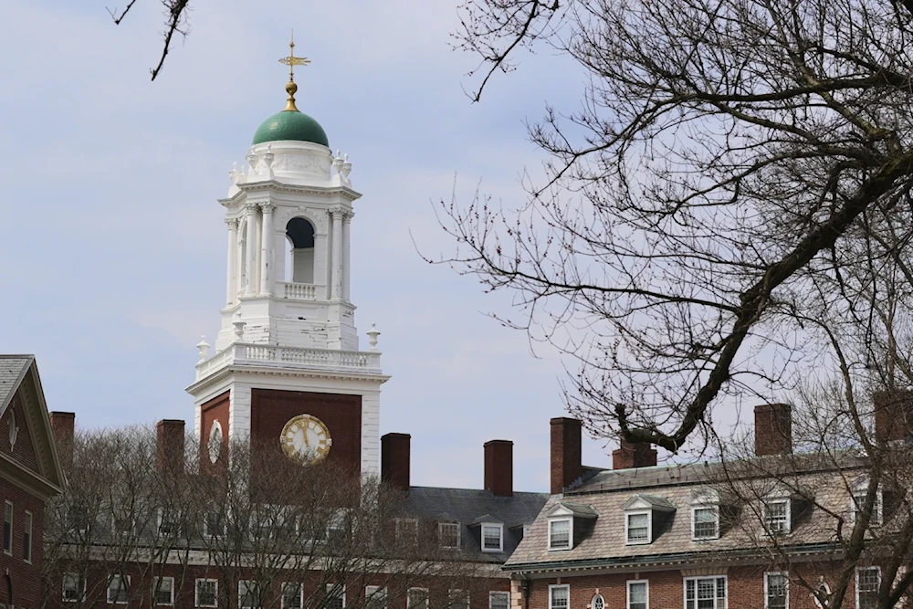 Spring buds appear on a tree near Eliot House, rear, at Harvard University, April 15, 2025, in Cambridge, Massachusetts 