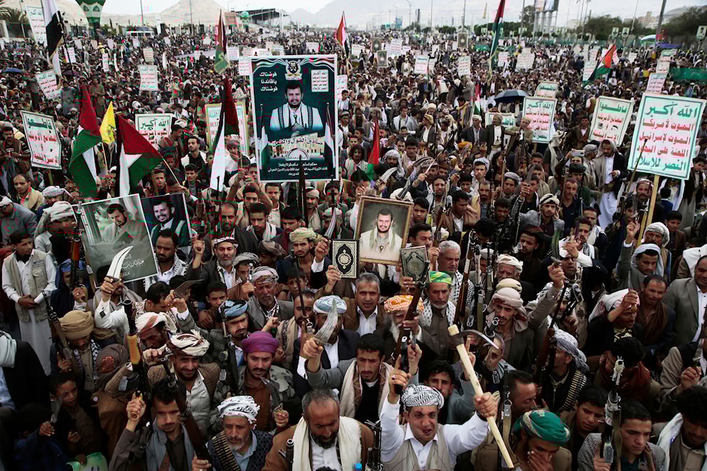 Houthi supporters chant slogans during a weekly anti-U.S. and anti-Israel rally in Sanaa, Yemen, on April 11, 2025. (AP)