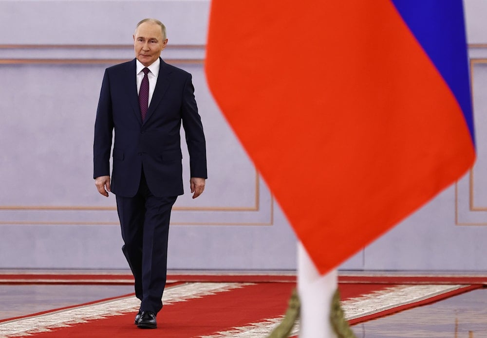 Russian President Vladimir Putin attends a ceremony to welcome his Chinese counterpart Xi Jinping before their talks at the Kremlin in Moscow, Russia, Thursday, May 8, 2025, (AP)