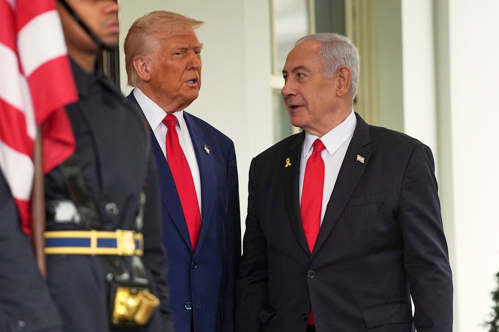 President Donald Trump, left, greets Israeli Prime Minister Benjamin Netanyahu at the White House, Monday, April 7, 2025, in Washington (AP)