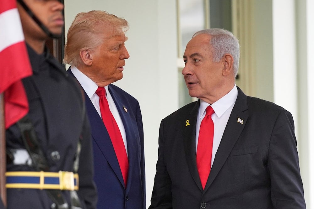 President Donald Trump, left, greets Israeli Prime Minister Benjamin Netanyahu at the White House, Monday, April 7, 2025, in Washington (AP)