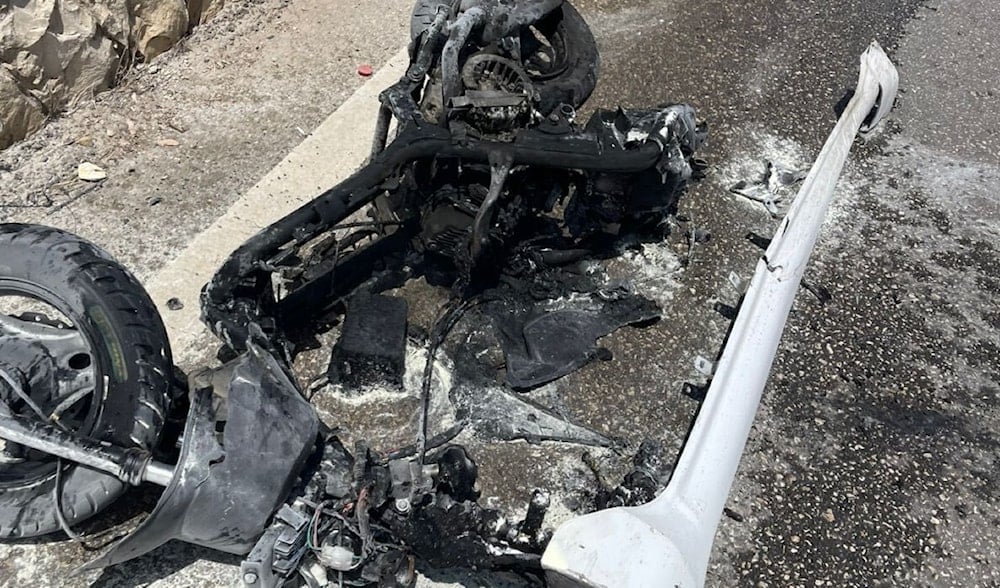 The remains of the motorcycle that was targeted by the Israeli Occupation Forces, Arnoun, Lebanon, June 1 2025 (social media)