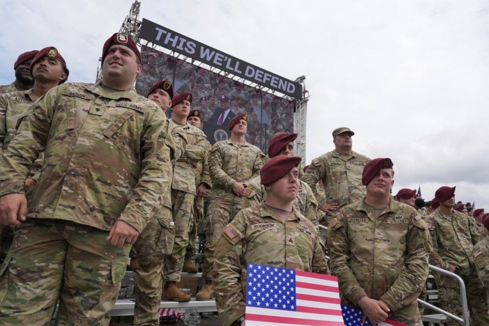 Soldiers listen as President Donald Trump speaks at Fort Bragg on June 10, 2025, in North Carolina (Alex Brandon/AP)