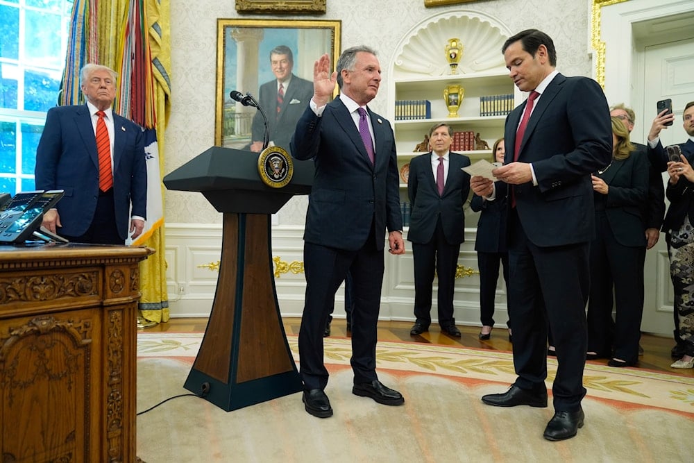 Steve Witkoff is sworn as special envoy by Secretary of State Marco Rubio during a ceremony in the Oval Office of the White House with President Donald Trump, Tuesday, May 6, 2025, in Washington. (AP)