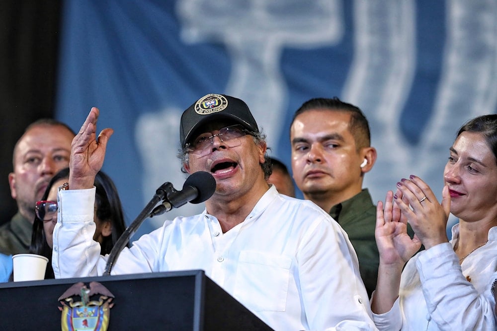 Colombia's President Gustavo Petro speaks at a rally to garner support for a referendum on labor reform, in Cali, Colombia, on June 11, 2025. (AP Photo/Santiago Saldarriaga)