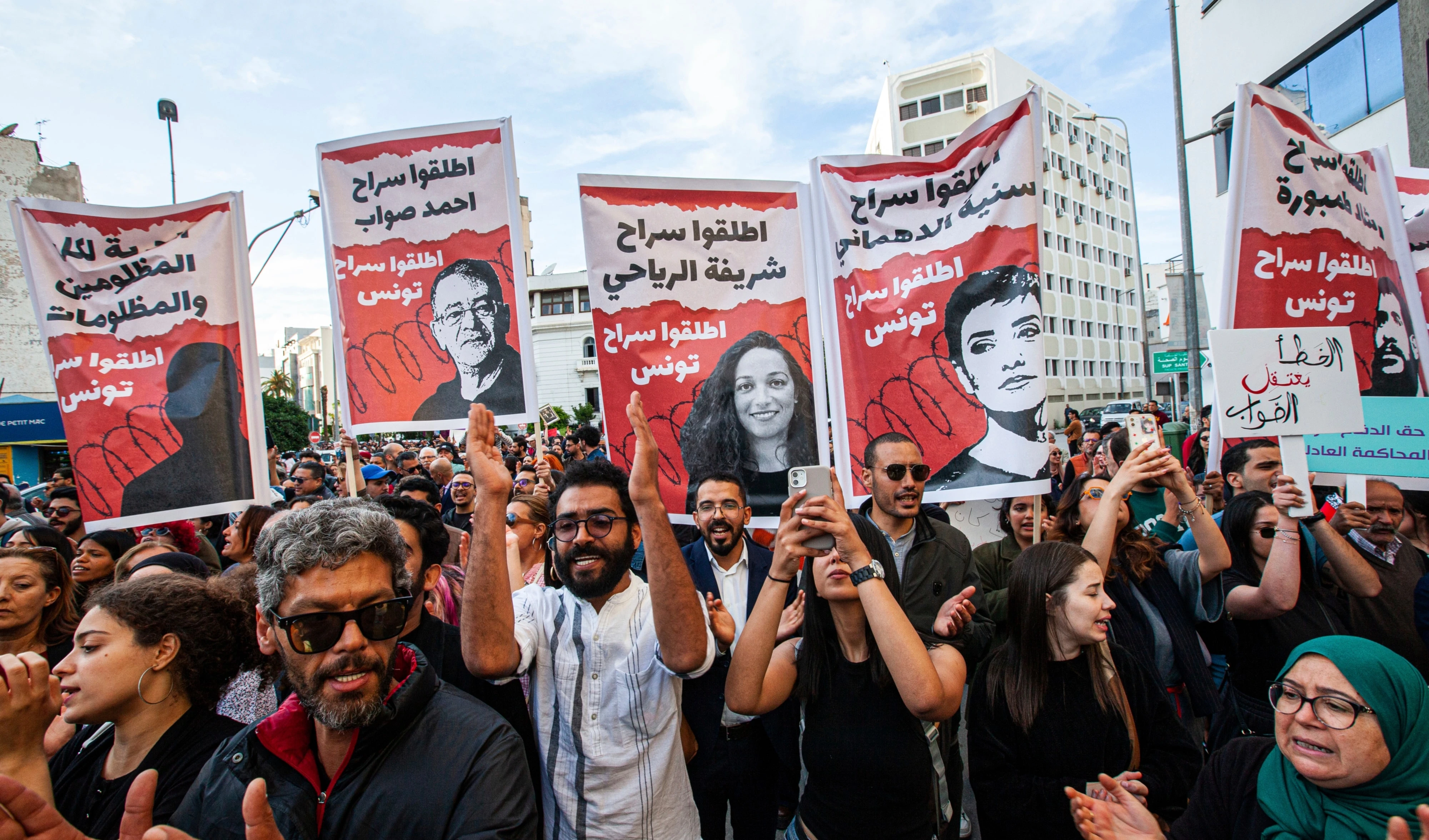 Supporters demonstrate in solidarity with Ahmed Souab, former president of the Administrative Court and a defense lawyer, who was arrested on terrorism-related charges, in Tunis, Tunisia, Friday, April 25, 2025 (AP) Supporters demonstrate in solidarity with Ahmed Souab, former president of the Administrative Court and a defense lawyer, who was arrested on terrorism-related charges, in Tunis, Tunisia, Friday, April 25, 2025 (AP)