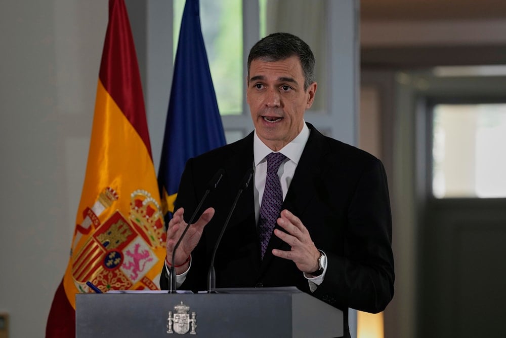 Spain's Prime Minister Pedro Sanchez speaks during a press conference at the Spanish Embassy in Beijing Friday, April 11, 2025 (AP)