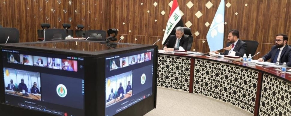 Iraqi Oil Minister Hayyan Abdulghani (center left) meets by videoconference with representatives of OPEC member countries on May 28, 2025 (Iraqi Oil Ministry)