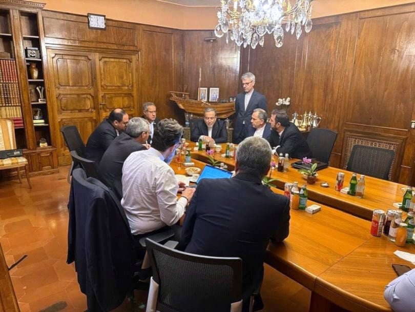 Foreign Minister Abbas Araghchi, rear center, attends a meeting with his colleagues during negotiations with U.S. Mideast envoy Steve Witkoff, in Rome, Italy, Saturday, April 19, 2025 (AP)