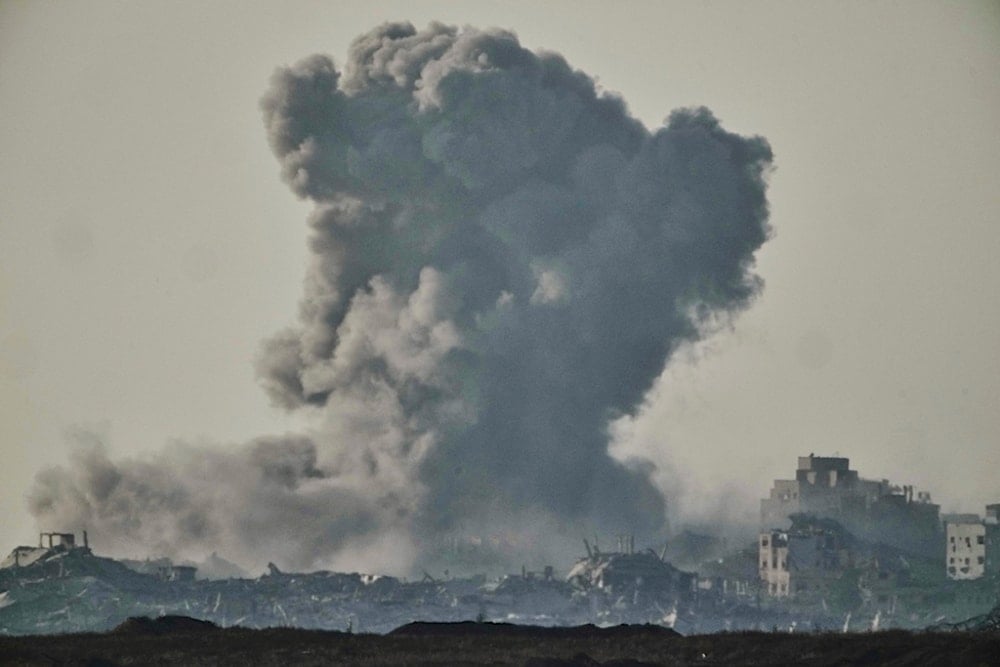 Smoke rises to the sky following an Israeli strike in the Gaza Strip as seen from southern occupied Palestine, Wednesday, June 11, 2025 (AP)