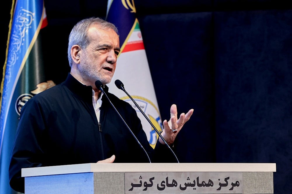 President Masoud Pezeshkian speaks to navy officials, in Tehran, Iran, Saturday, May 17, 2025 (AP)