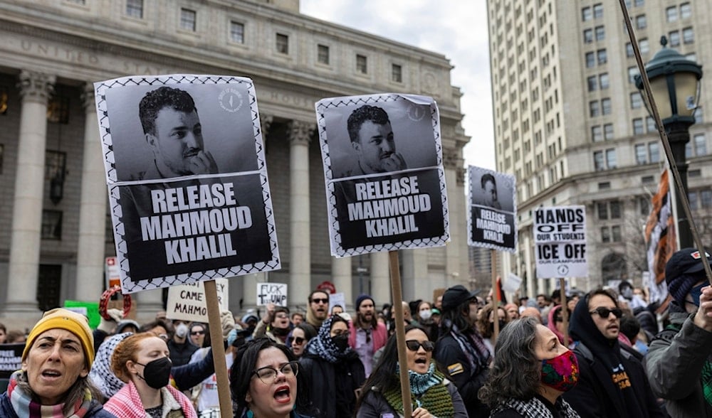 A crowd gathers in Foley Square, outside the Manhattan federal court, in support of Mahmoud Khalil, Wednesday, March 12, 2025, in New York. (AP)