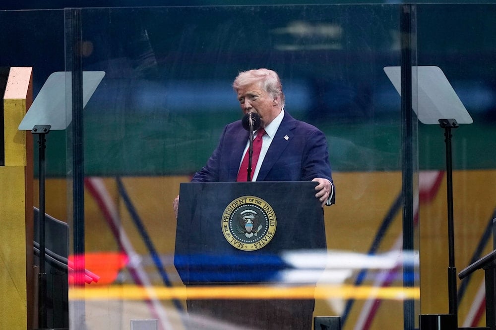 President Donald Trump speaks at a military parade commemorating the Army's 250th anniversary Saturday, June 14, 2025, in Washington (AP)