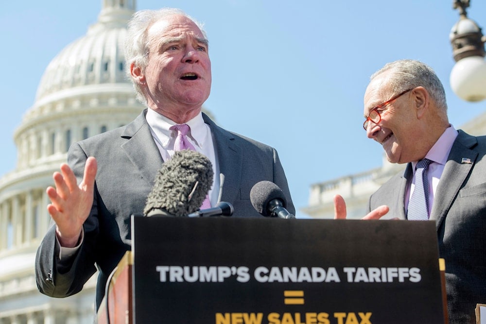 Sen. Tim Kaine, D-Va., speaks during a news conference regarding President Donald Trump's pending tariffs on Canada, at the Capitol, April 1, 2025, in Washington. (AP)