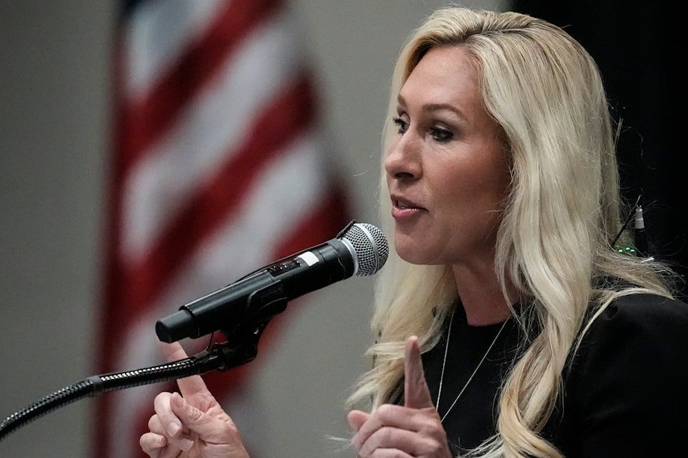 Rep. Marjorie Taylor Greene, R-Ga., speaks during a town-hall style meeting, Tuesday, April 15, 2025, in Acworth, Ga. (AP )