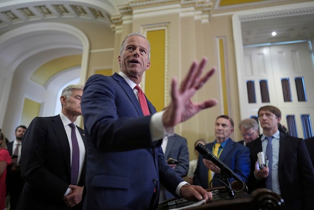 Senate Majority Leader John Thune, R-S.D., speaks to reporters following closed-door party meetings at the Capitol in Washington, Tuesday, June 17, 2025 (AP)