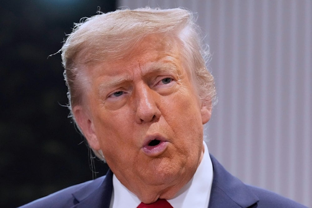 US President Donald Trump speaks during a meeting with Canada's Prime Minister Mark Carney on the sidelines of the G7 Summit, June 16, 2025, in Kananaskis, Canada (AP)