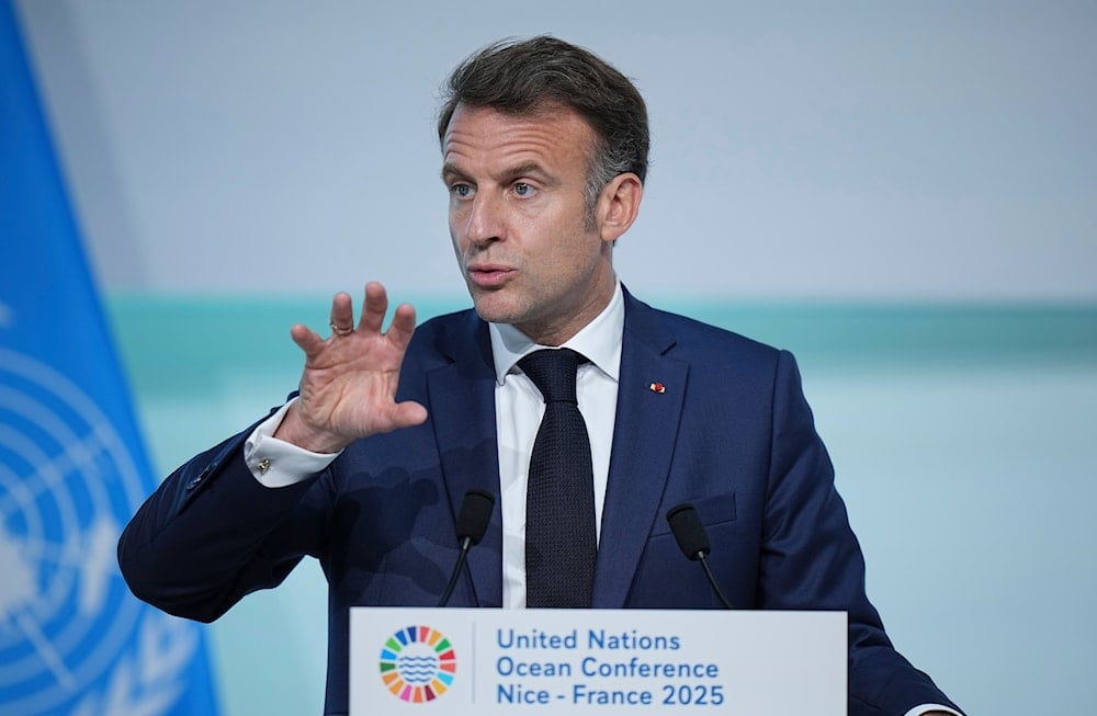 France's President Emmanuel Macron gestures as he speaks during the presentation of the European Pact for the Oceans at the third UN Ocean Conference in Nice, French Riviera, Monday, June 9, 2025 (AP)