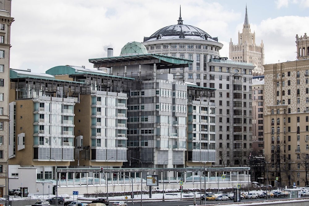 The British Embassy building, center, with the Russian Foreign Ministry building, second right, in Moscow, Russia, Friday, March 16, 2018. (AP)
