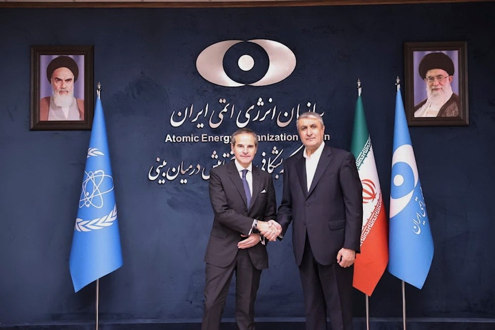 IAEA chief Rafael Grossi meets with Iran's nuclear chief Mohammad Eslami in Tehran, April 17, 2025 (AP)