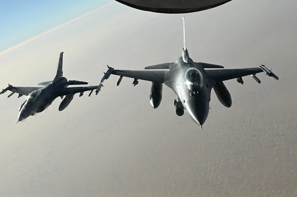 US Air Force F-16 Fighting Falcons fly in sync after an aerial refueling over an undisclosed location within the US Central Command area of responsibility during Ballast Cannon on January 7, 2024. (US Air Force photo)