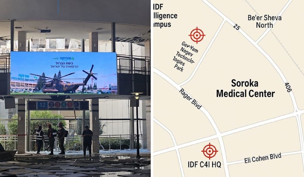 The impact site of an Iranian missiles targeting a military facility in Tel Aviv, next to a map detailing the military facilities placed next to Soroka Medical Center, June 19, 2025 (X/ @araghchi)