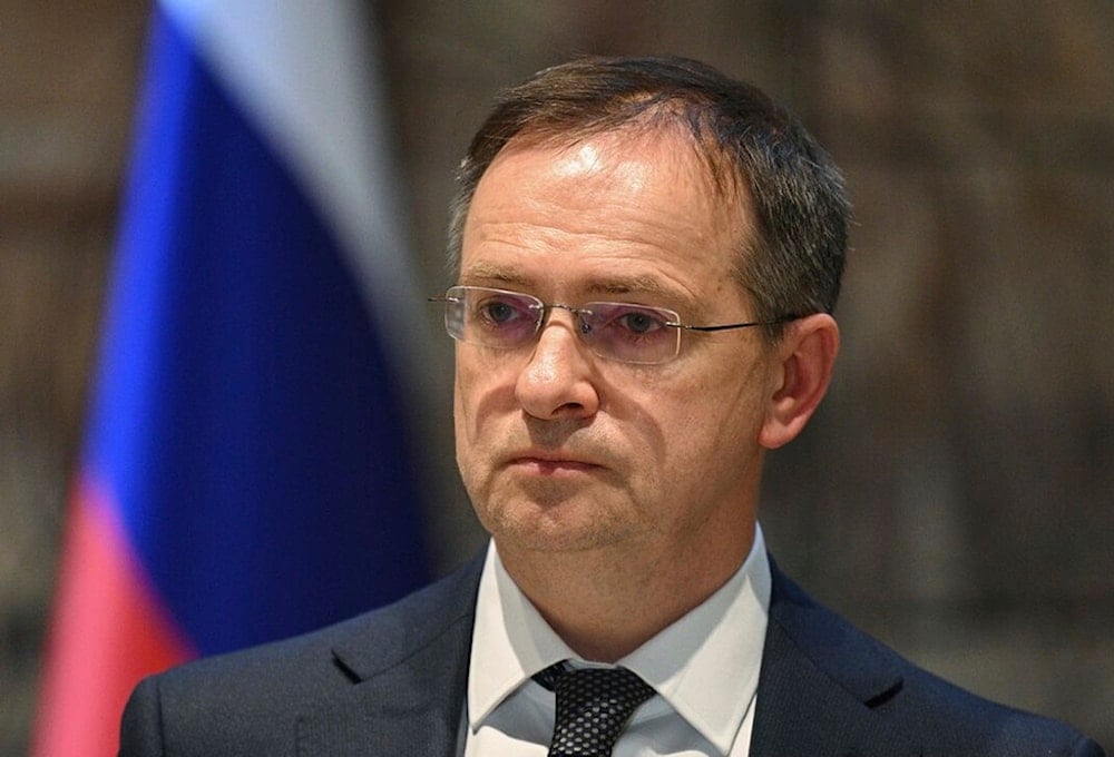 Russian presidential aide, Vladimir Medinsky, gives an statement to journalists at the Russian consulate in Istanbul, Turkey, on Friday, May 16, 2025. (Ramil Sitdikov, Sputnik, Pool Photo via AP)