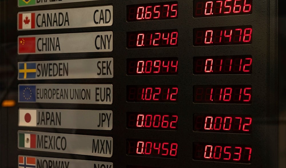 Electronic board shows currency prices at a currency exchange near Grand Central Station, Tuesday, April 8, 2025, in New York. (AP)