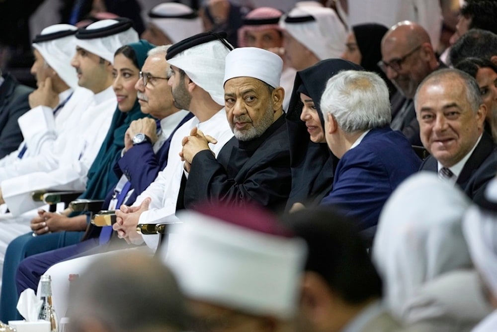 Sheik Ahmed el-Tayyib, center, Grand Imam of al-Azhar Mosque, attends the Arab Media Summit 2025 in Dubai, United Arab Emirates, Tuesday, May 27, 2025 (AP Photo)