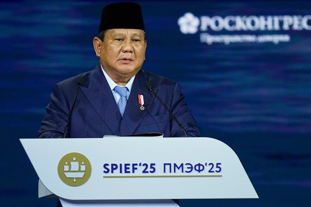 Indonesia's President Prabowo Subianto speaks at a plenary session of the St. Petersburg International Economic Forum in St. Petersburg, Russia, Friday, June 20, 2025 (AP)