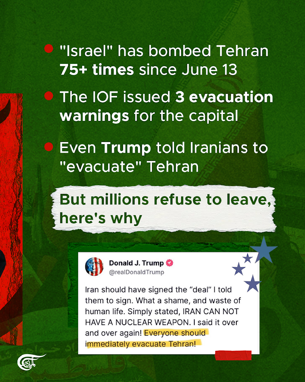 ‘Let them kill us’: millions of Iranians refuse to leave Tehran