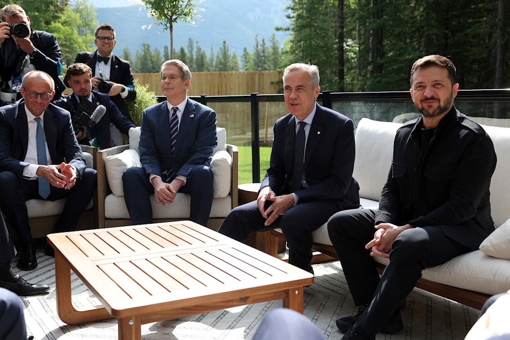 Canadian PM Mark Carney, Ukrainian President Volodymyr Zelenskyy, US Treasury Secretary Scott Bessent and German Chancellor Friedrich Merz, at a meeting during the G7 Leaders' Summit in Kananaskis, in Alberta, Canada, Tuesday June 17, 2025 (AP)