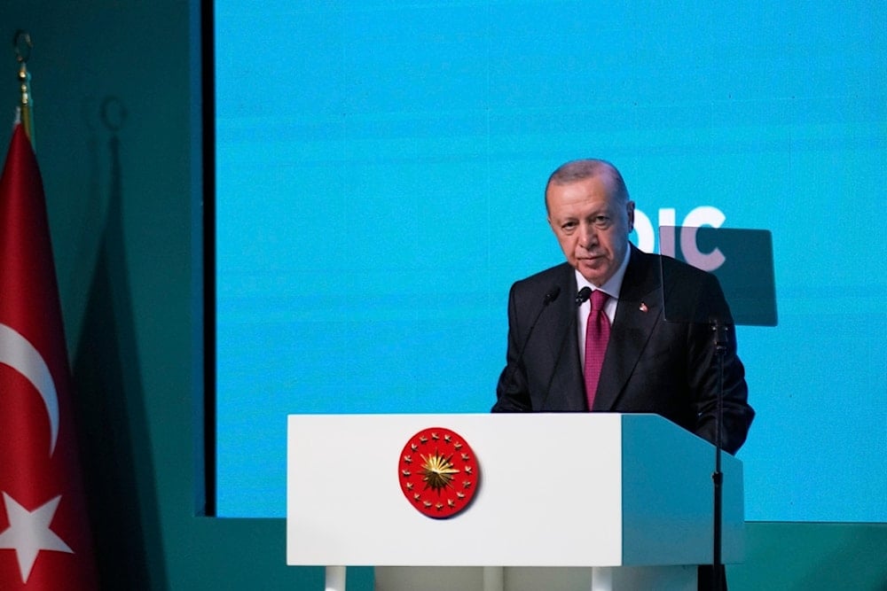 Turkish President Recep Tayyip Erdogan gives an opening speech during the Council of Foreign Ministers of the Organisation of Islamic Cooperation meeting, in Istanbul, Turkiye, Saturday, June 21, 2025 (AP)