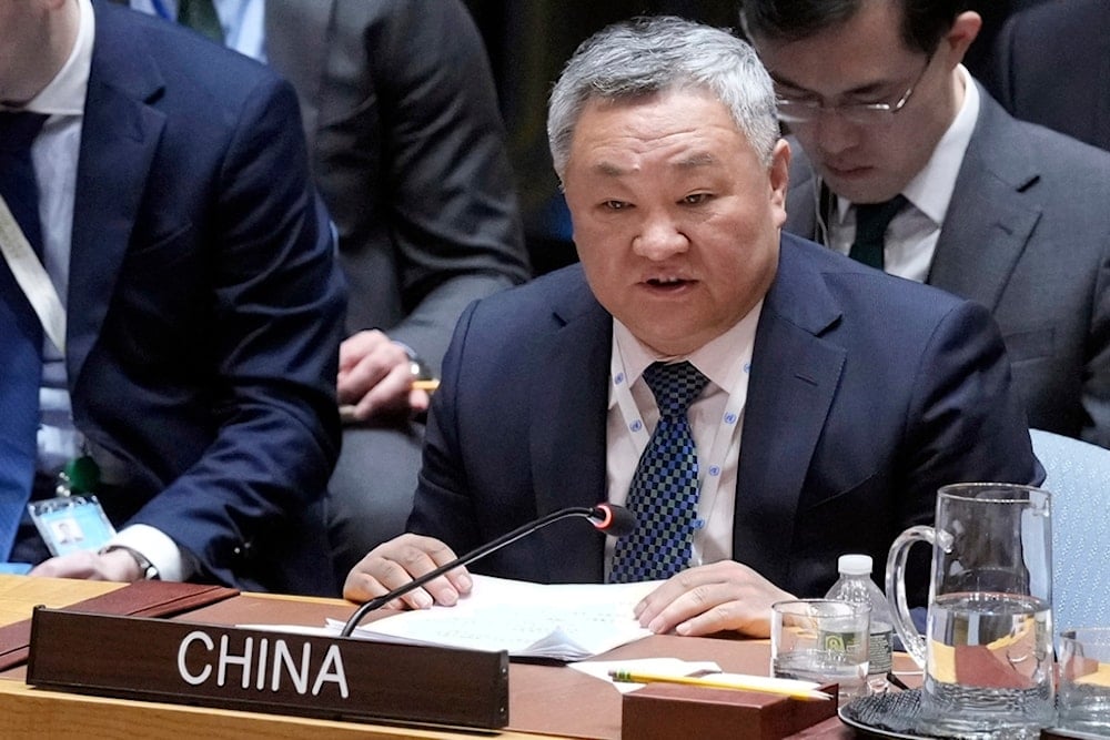 China UN Ambassador Fu Cong addresses the United Nations Security Council, Monday, March 24, 2025. (AP Photo/Richard Drew)