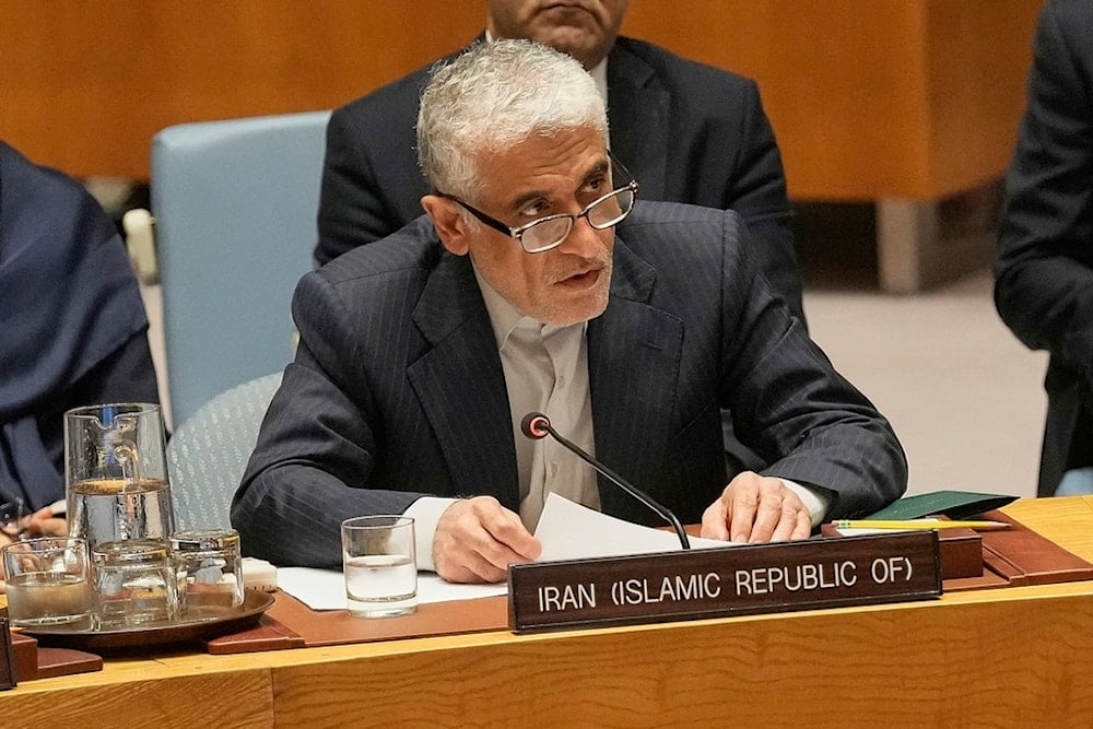 Iran UN Ambassador Amir Saeid Iravani addresses a United Nations Security Council meeting, Friday, June 20, 2025 (AP)