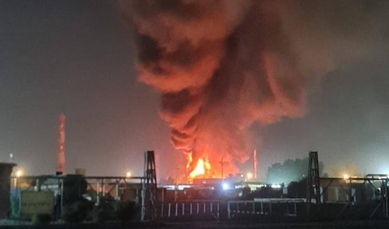 Smoke billows from a fire caused by a drone attack on Taji Camp in northern Baghdad, Iraq, June 24, 2025 (Social Media)